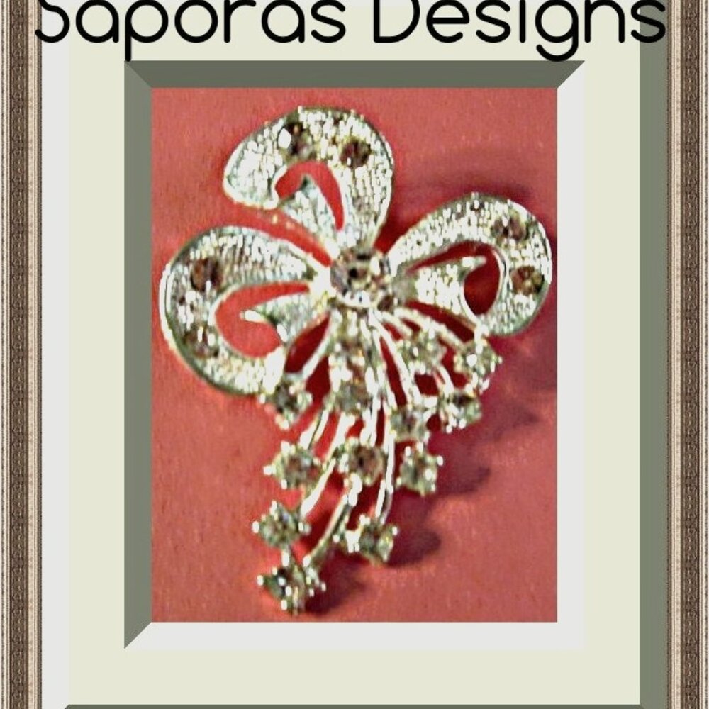 Silver Tone Bow Design Brooch With Clear Crystals Vintage Style